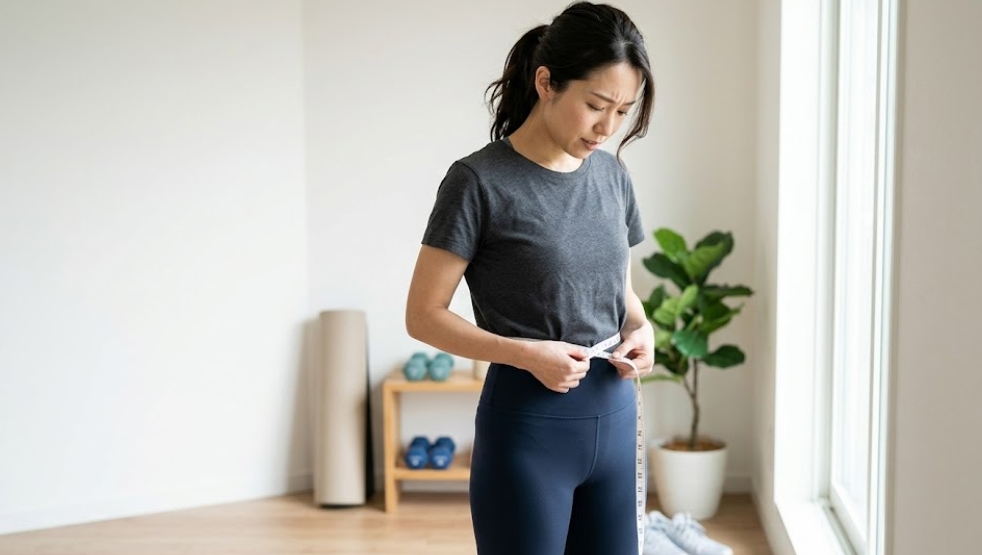 明るく清潔感のある部屋で、メジャーを使ってウエスト周りを測りながら体型やダイエットについて悩んでいる様子の女性。背景には観葉植物やフィットネス用のダンベルが置かれている。