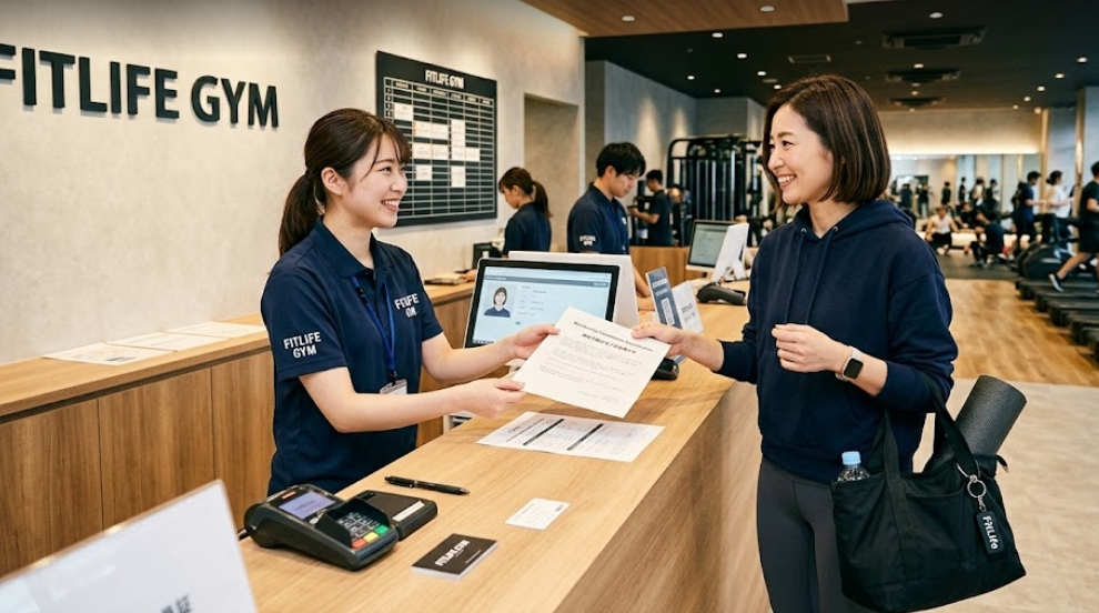 「FITLIFE GYM」の受付カウンターで、ネイビーのパーカーを着た会員の女性が、笑顔の女性スタッフから退会届と思われる書類を受け取っている。会員の女性は、ヨガマットと水筒が入った黒いバッグを持ち、左手首にはスマートウォッチをつけている。背景には他のスタッフや、トレーニング機器、トレッドミルで運動する人々が見える。明るく清潔なモダンなジムの雰囲気。