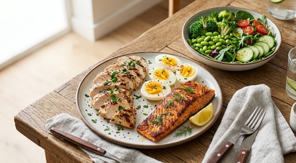 カーブスでの運動後に筋肉を修復・育成するための高タンパク質な食事例。木のテーブルの上のプレートには、低脂肪な鶏むね肉のグリル、ゆで卵、良質な脂質を含むサーモンがバランス良く盛り付けられ、横には植物性タンパク質である枝豆やブロッコリーなどが入った彩り豊かなサラダが添えられています。