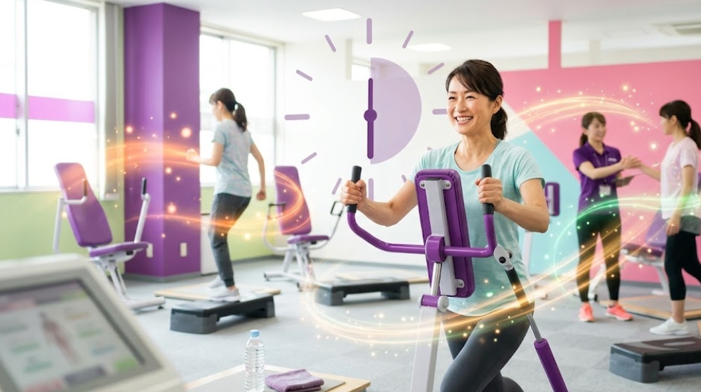 「おとFITNESS」の記事「カーブス 30分 消費カロリー」のアイキャッチ画像。明るい女性専用ジムで、笑顔のアジア人女性が油圧式マシンでトレーニング。彼女の周囲にはオレンジと緑のエネルギーの渦が描かれ、アフターバーン効果を象徴。背景の壁には30分を指す時計のグラフィック、他のメンバー、コーチの姿。手前には水、タオル、体組成計。