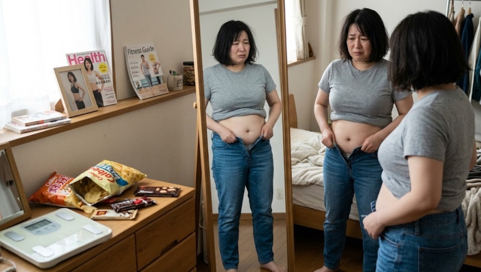 乱雑な寝室で、ショートヘアの日本人女性が全身鏡の前に立ち、太ってしまったことにショックを受けている。彼女は露出した腹部と、ボタンが閉まらないジーンズを引っ張っており、悲しげな表情を浮かべている。鏡の中にも同じ姿が映っている。鏡の左側のテーブルには、開いたスナック菓子の袋、チョコレートバー、デジタル体重計、スリムな女性の写真立て、雑誌『Health』が置かれている。背景には衣類や本棚が見える。