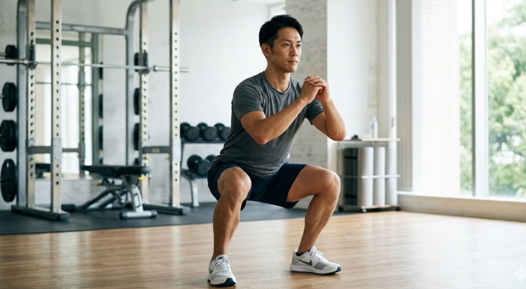 設備が整った明るいジムで、正しいフォームで自重スクワットを行う日本人男性。背景にパワーラックが配置された清潔な空間で、前を見据えた真剣な表情で下半身の筋肉を鍛え、筋力アップや基礎代謝の向上を目指してトレーニングしている様子。