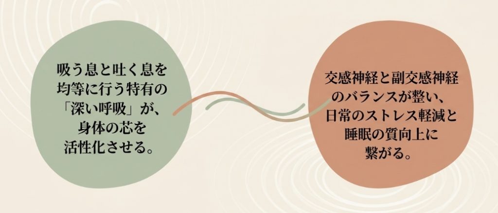 なぜ週1回で効くのか(心と自律神経への効果)。特有の深い呼吸が自律神経のバランスを整え、ストレス軽減と睡眠の質向上に繋がることを説明したスライド画像