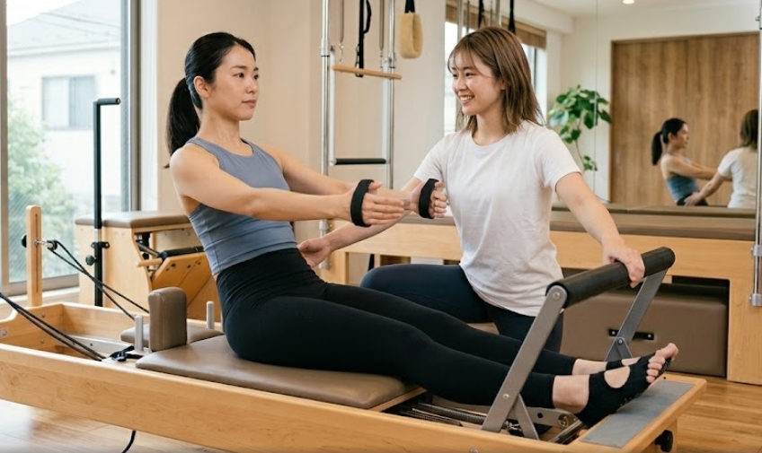 明るいプライベートピラティススタジオで、若いアジア人女性インストラクター(白いTシャツ)が笑顔で、木製のリフォーマーに座って青いタンクトップと黒いレギンスを着用した女性(黒髪ポニーテール)の動きを指導している。エクササイズをしている女性はフットバーに足を乗せ、ストラップを両手で持ち、前方を見ながら座っている。背景には、大きな窓、鏡に映る2人の姿、他のピラティス器具(タワー)、観葉植物が見える。