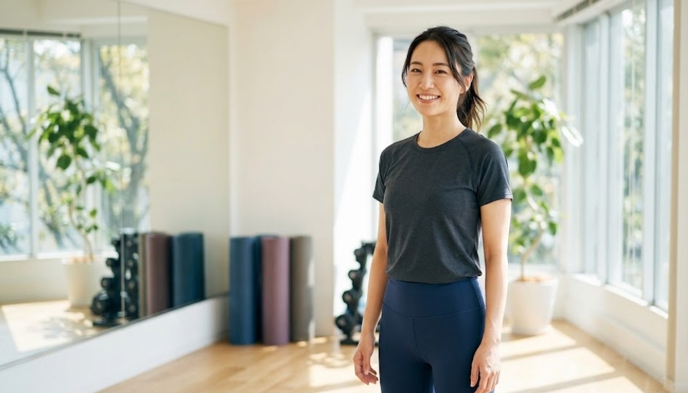 大きな窓や鏡のある明るいフィットネススタジオで、グレーのTシャツにネイビーのレギンスというシンプルで動きやすいジムウェアを着て、笑顔で立っている日本人女性。