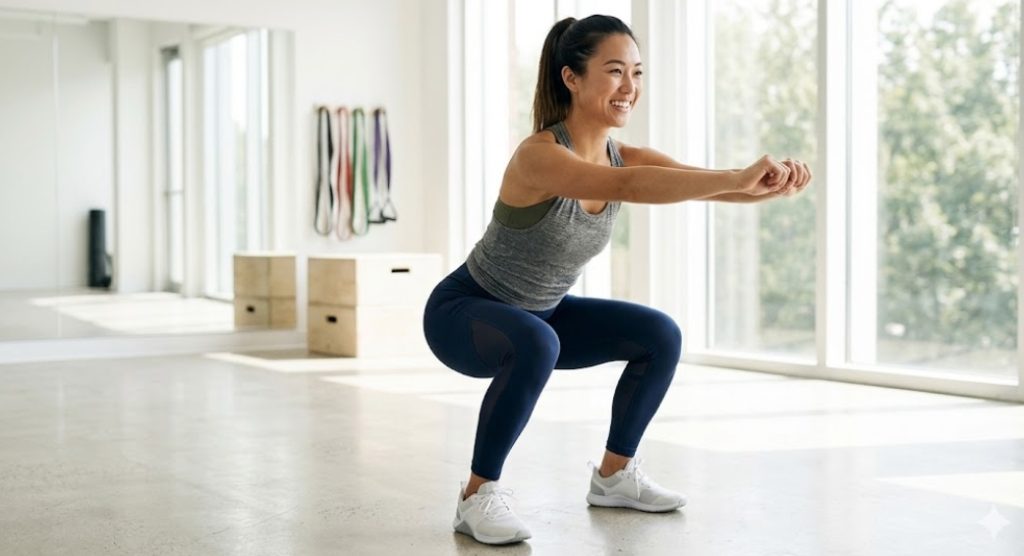 明るく清潔なフィットネススタジオで、笑顔でスクワットを行う日本人女性。自然光が差し込む中、正しいフォームで下半身の大きな筋肉を鍛え、基礎代謝の向上や引き締めを目指してトレーニングしている様子。