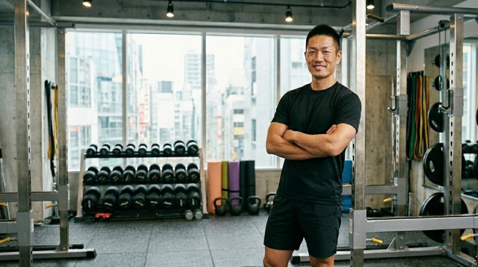 東京の街並みが見える大きな窓のあるモダンなパーソナルトレーニングジムで、腕を組んで微笑む黒いスポーツウェアを着た日本人男性トレーナー。背景にはパワーラック、ダンベルラック、ケトルベルなどの器具が並んでいる。