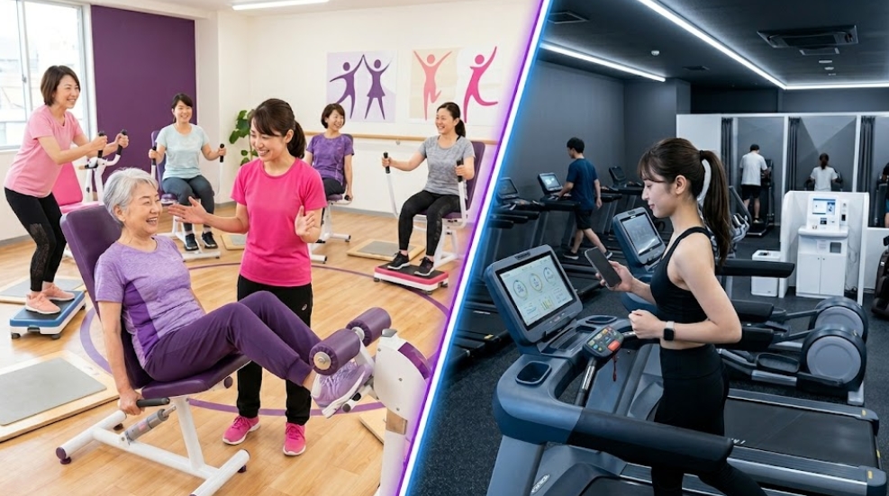 中央で斜めに分割された画像。左側はカーブスをイメージし、明るいスタジオで女性たちがスタッフの指導のもと油圧式マシンでグループトレーニングをする様子。右側はチョコザップをイメージし、モダンで落ち着いたジムで女性が一人でウェイトマシンを使い、背景には無人の空間とセルフエステ機器が見える。