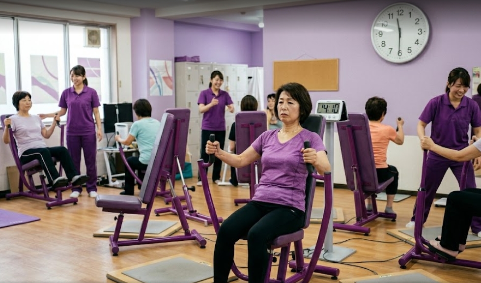 明るく清潔な女性専用フィットネスジムの風景。中央では、紫色のTシャツを着た中高年の日本人女性が、紫色の油圧式チェストプレスマシンを使用してトレーニングをしている。彼女の周囲には、他の女性たちが別の油圧式マシンを使用しており、紫色のユニフォームを着た女性スタッフがそれぞれサポートしている。ジムの壁は紫色で、奥にはロッカーや掲示板、時計、デジタルタイマーが見える。床は木目調で、ステップボードがマシンに付随している。健康的で協力的なコミュニティの雰囲気が感じられる。