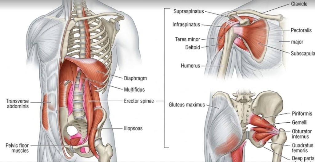 人体のコア、肩、骨盤領域の筋肉系を詳細に示した、英語ラベル付きの解剖学的イラスト。左側には上半身と胴体の断面図があり、骨格とともに、横隔膜(Diaphragm)、多裂筋(Multifidus)、脊柱起立筋(Erector spinae)、腸腰筋(Iliopsoas)、腹横筋(Transverse abdominis)、骨盤底筋(Pelvic floor muscles)が表示されています。右上には肩関節の図があり、鎖骨、肩甲骨、上腕骨とともに、回旋筋腱板(Supraspinatus、Infraspinatus、Teres minor、Subscapularis)、三角筋(Deltoid)、大胸筋(Pectoralis major)が表示されています。右下には骨盤と大腿骨頭の図があり、大殿筋(Gluteus maximus)、梨状筋(Piriformis)、双子筋(Gemelli)、内閉鎖筋(Obturator internus)、大腿方形筋(Quadratus femoris)、および移転筋の深部(Deep parts of adductors)が表示されています。