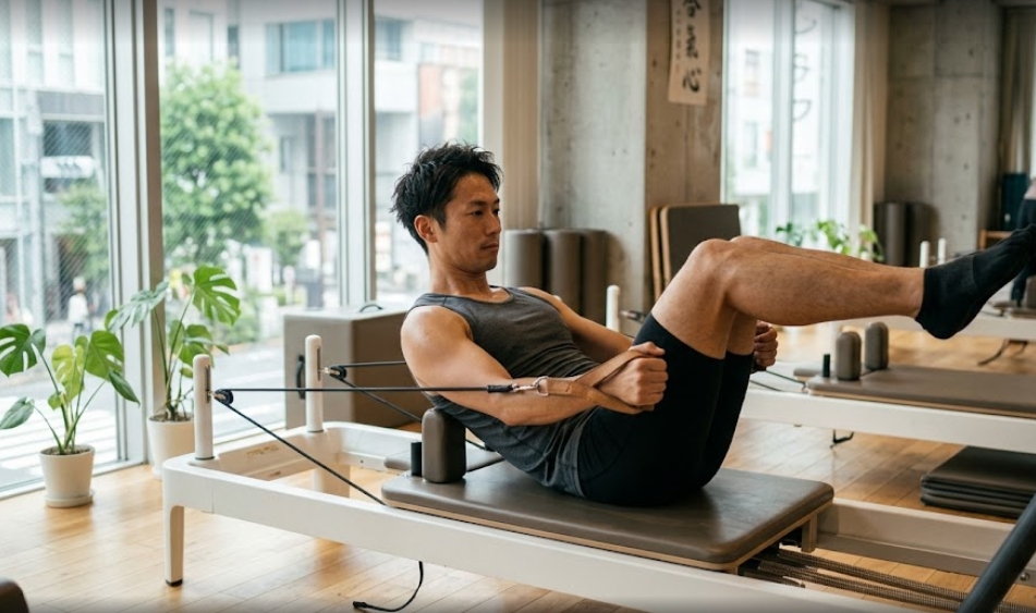 明るく現代的なピラティススタジオで、リフォーマーマシンのストラップを両手で持ち、上体を起こして脚を上げたポーズをとるアジア人男性の写真。大きな窓からは都市の風景と観葉植物が見え、背景には他のリフォーマー、日本語の文字(合気心)が入ったポスター、そして「PILADIO STUDIO」のロゴがある。